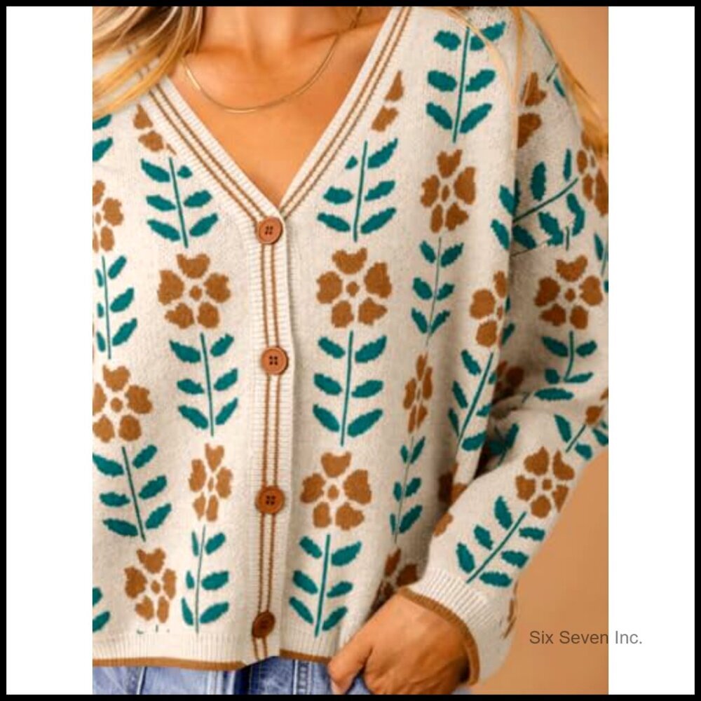 Floral Print V-Neck Cardigan Open Front Button Down Knit Sweater Long Sleeve - Picture 4 of 7